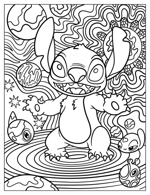 Stitch leijuu avaruudessa planeettojen ja tähtien keskellä.
