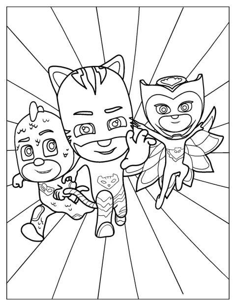 Owlette, Catboy ja Gekko kiitävät yhdessä eteenpäin.