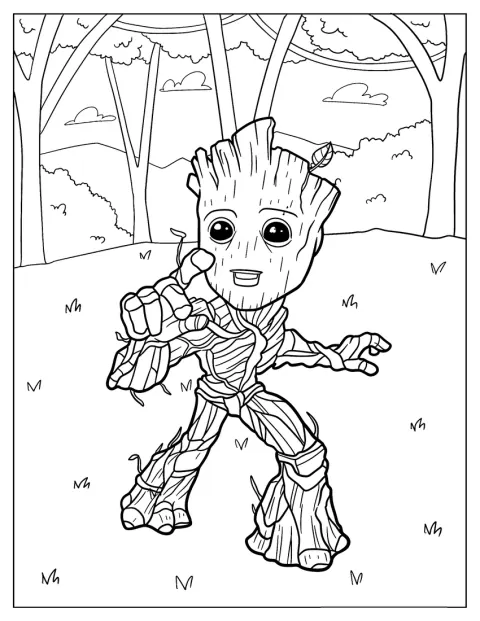 Groot olha espantado enquanto lhe crescem folhas pelo corpo.