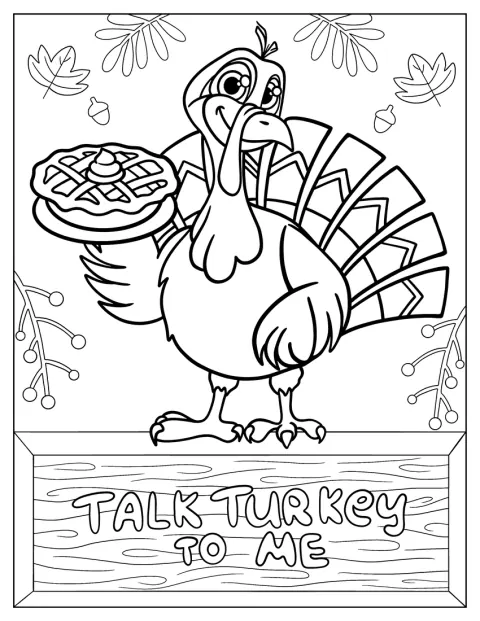 Ein Truthahn steht neben einem Kürbiskuchen zum Thanksgiving-Fest.