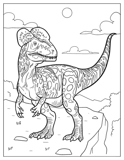 Ein großer, detailreich gezeichneter Dilophosaurus steht auf einem Felsen.