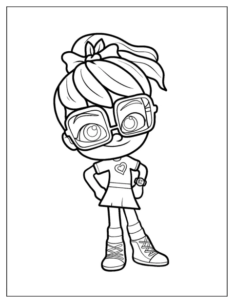 Abby Hatcher aparece de cuerpo entero en un dibujo de contorno sencillo.
