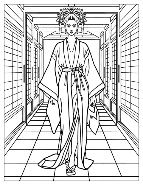 Japanese Woman in Kimono with Flowing Sleeves and Ornate Floral Headdress Fashion Coloring Page