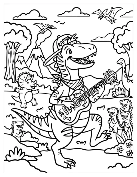 Un velociraptor toca la guitarra para un grupo de dinosaurios.