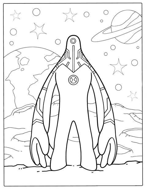 Upgrade, kosmiczny bohater z Ben 10, stoi gotowy do akcji.
