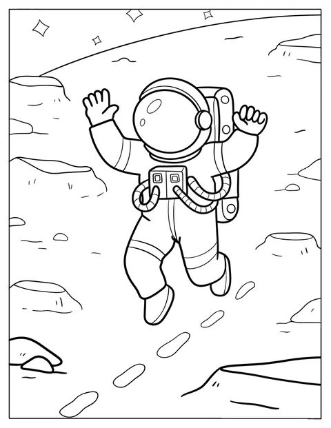 Un astronauta si libra sopra un suolo roccioso segnato da tracce e crateri.