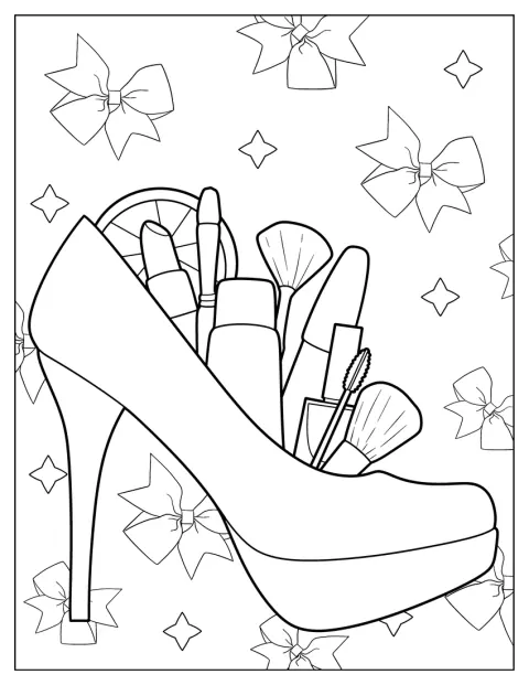 Makeup Coloring Page Of Stiletto Filled With Make Up Brushes, Lipstick, And Foundation