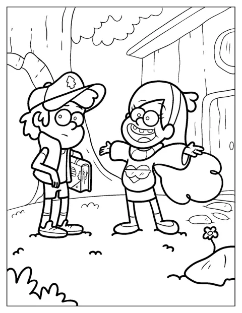 Mabel y Dipper están al aire libre, delante de una cabaña.