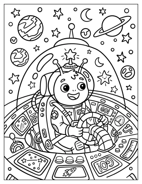 Smiling Alien Piloting a Spaceship Coloring Page