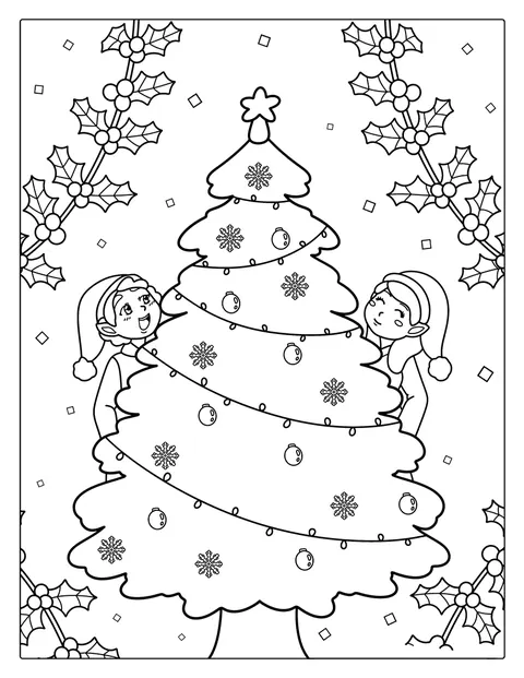 Varios elfos acompañan a un árbol de Navidad.