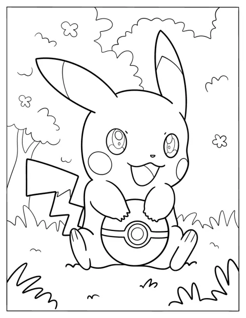 Pikachu aranyosan átölel egy Pokélabdát.