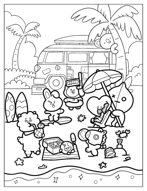 Os amigos BT21 brincam juntos à beira-mar.