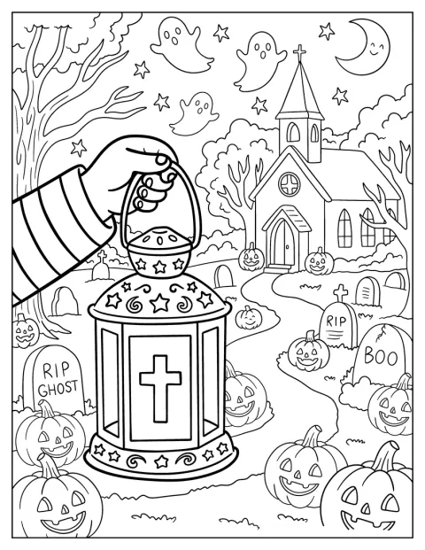Un felinar luminează un cimitir în noaptea de Halloween.