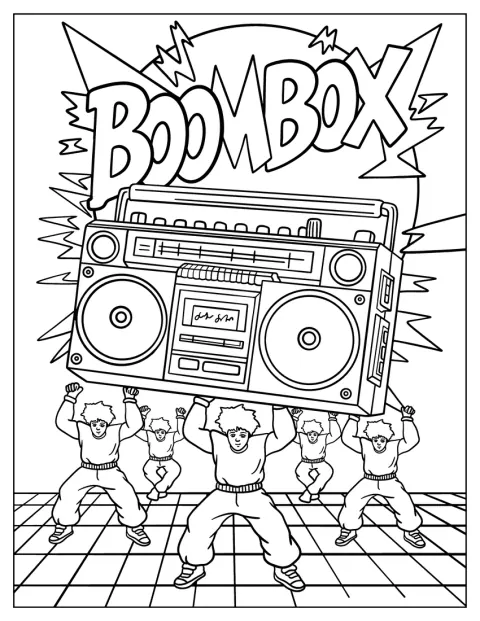 Des danseurs soulèvent un radiocassette géant dans une explosion graphique façon bande dessinée.