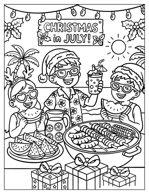 Amici con cappelli di Babbo Natale si riuniscono per una grigliata estiva.