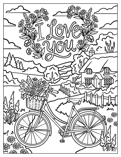 Una bicicleta lleva flores en la cesta y un mensaje de amor.