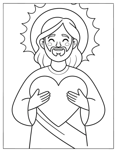 Jésus souriant, auréolé, tient un cœur entre ses mains.