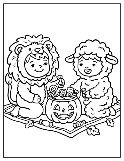 Doi copii mănâncă dulciuri primite la colindat de Halloween.