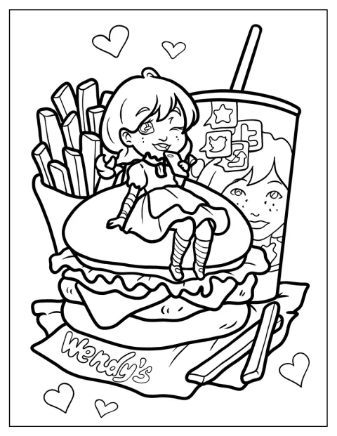 Chibi Wendy’s est assise sur un hamburger, avec des frites et un soda derrière elle.
