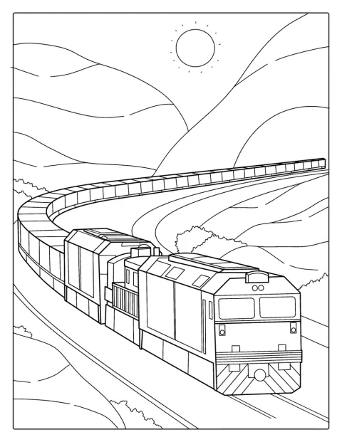 Un tren largo con numerosos vagones recorre las vías.