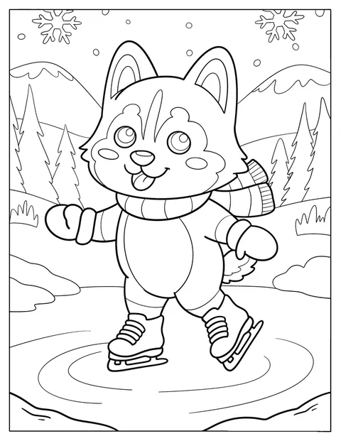 Un husky portant des moufles et une écharpe patine sur la glace.