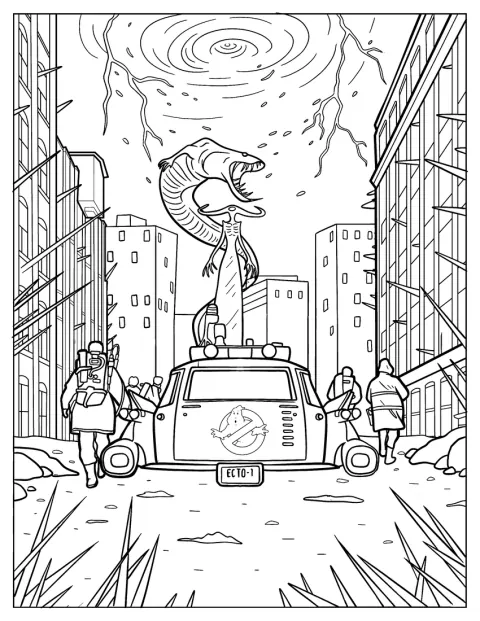 Os Ghostbusters caminham por uma cidade em direção a fantasmas.