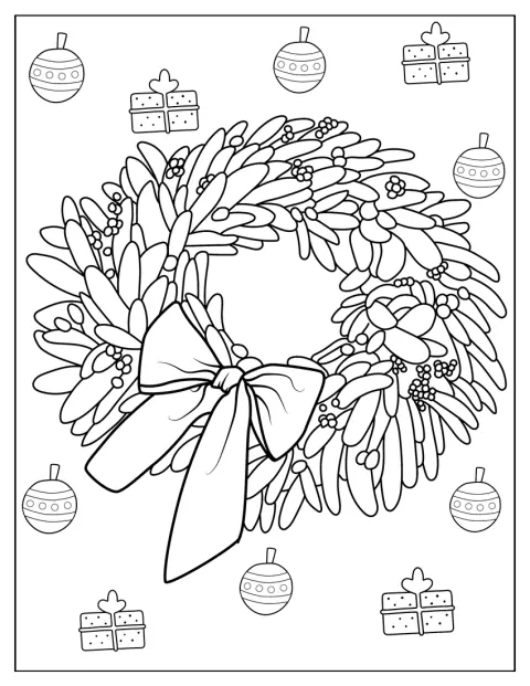 Mistletoe Wreath With Ornaments And Presents To Color