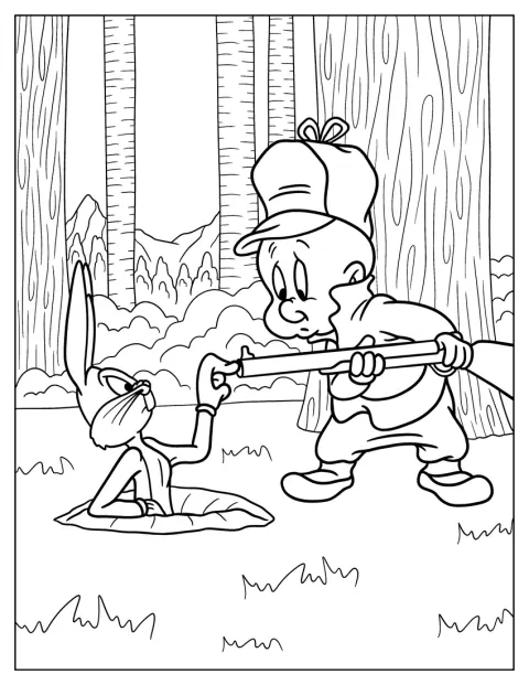 Bugs Bunny introduce un dedo en el cañón del rifle de Elmer Fudd.