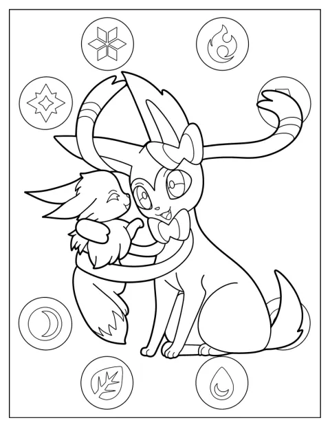 Sylveon houdt een baby-Eevee liefdevol in haar armen.