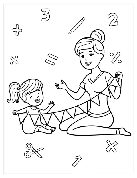 Una maestra de infantil prepara una pancarta junto a un alumno.