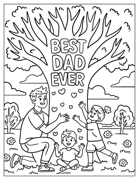Ein Vater und seine Kinder umarmen einen Baum neben den Worten „Bester Papa überhaupt“.