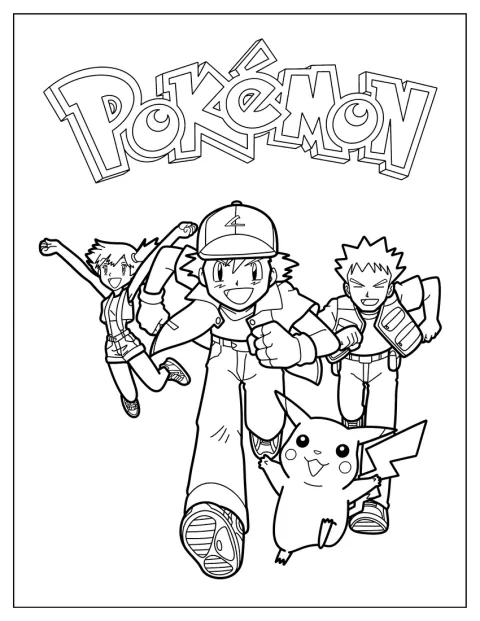Ash, Misty, Brock e Pikachu aparecem juntos num póster Pokémon.