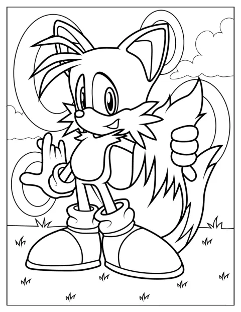 Tails smiler, mens gyldne ringe svæver omkring ham.