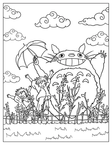 Mei, Satsuki och Totoro står tillsammans med händerna högt i luften.