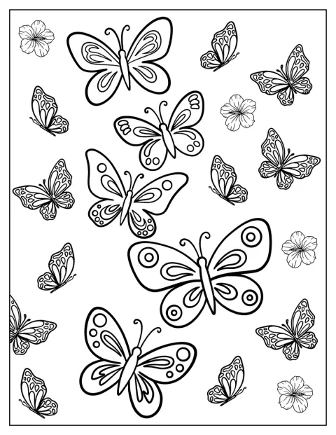 Varias mariposas aparecen rodeadas de flores.