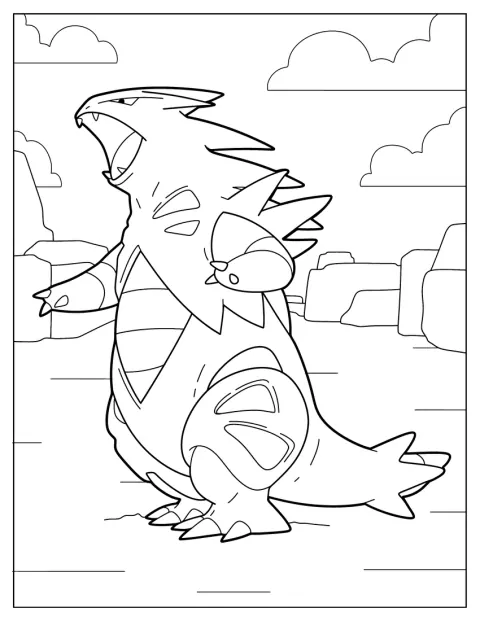 Tyranitar ruge, preparado para enfrentar um adversário.
