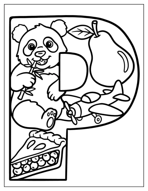 Een panda, peer en taart staan naast een grote letter P.