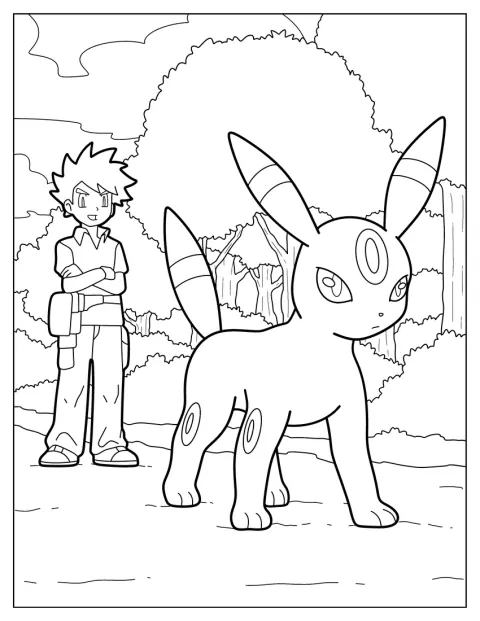 Gary Oak Umbreonnal néz szembe egy Pokémon-párbajban.