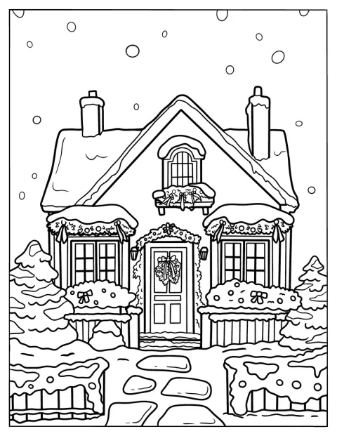 雪が積もった家が、クリスマスの静かな夜を迎えています。