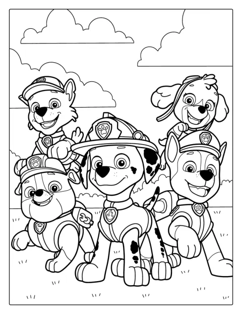 Los personajes principales de PAW Patrol posan juntos.
