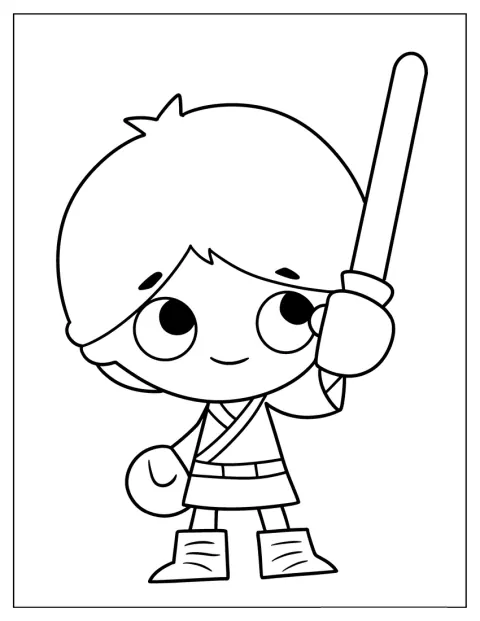 Kreskówkowy Luke Skywalker stoi w prostym, grubym konturze.