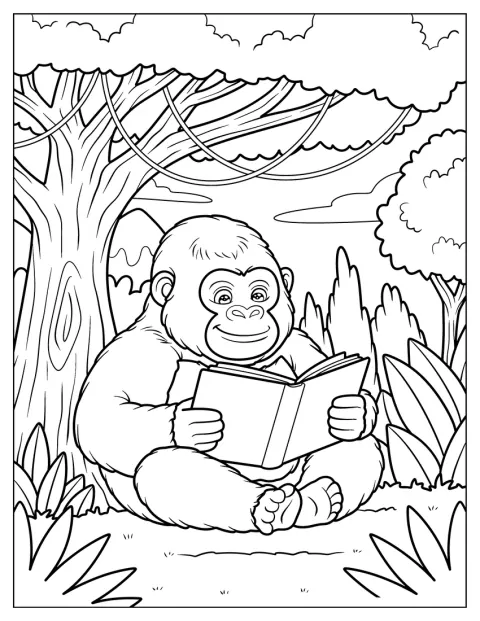 En ung gorilla sitter under et tre og leser en bok.
