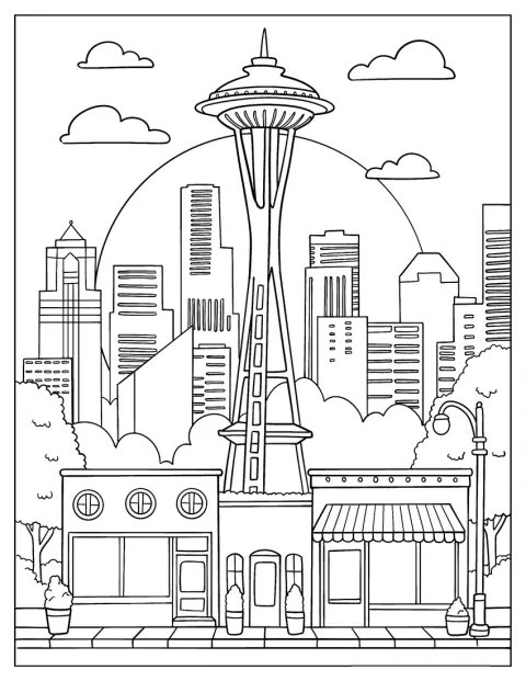 Lo Space Needle spicca sullo skyline di Seattle, sopra una fila di negozi.