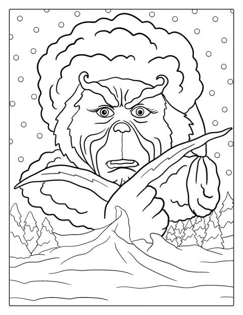 Grinchens ansikte syns med hans luriga leende och rynkade panna.