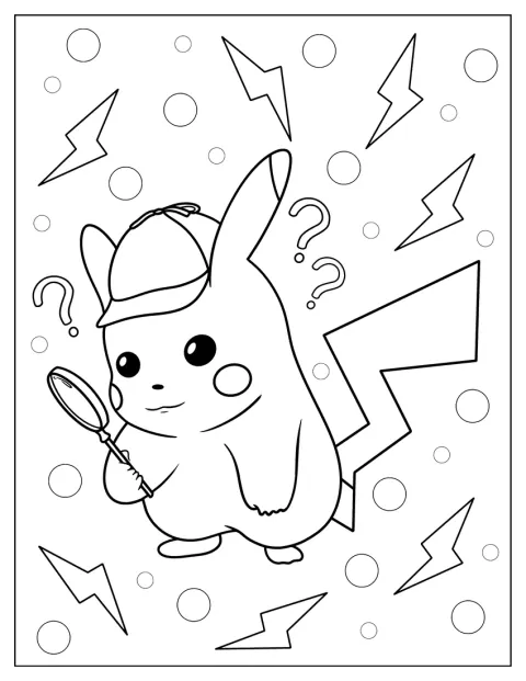 Detektiv Pikachu si zblízka prohlíží nalezenou stopu.