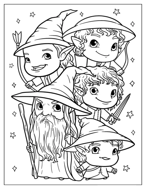 Gandalf, dibujado con estilo chibi, acompaña a varios hobbits.