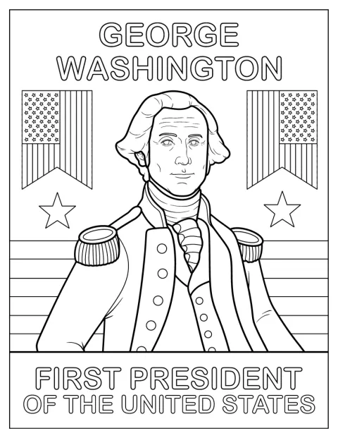 George Washington stojí na portrétu v oděvu z 18. století.