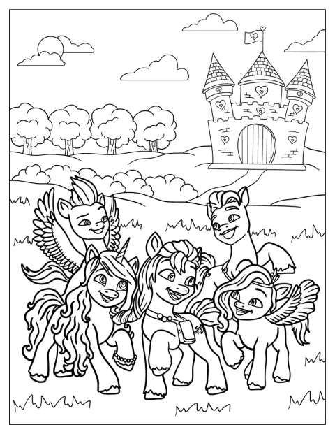 Sunny Starscout og hendes My Little Pony-venner står ved et slot.