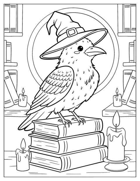 Un corvo con un cappello da strega è appollaiato su una pila di libri.
