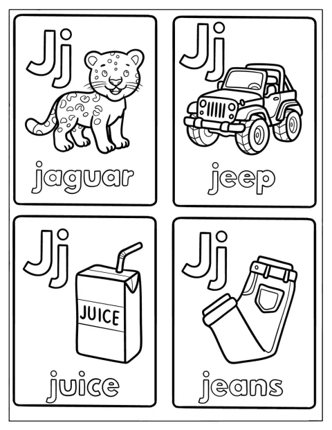 Kort med bokstaven J viser en jaguar, en jeep, juice og jeans.